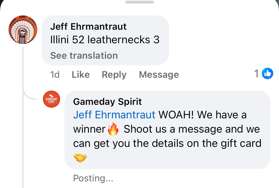 Gameday Spirit | Illinois (@gamedayspirit) on Twitter photo We have a WINNER🔥 
Congrats to Jeff E who guessed the EXACT final score!🤝 We have a WINNER🔥 
Congrats to Jeff E who guessed the EXACT final score!🤝