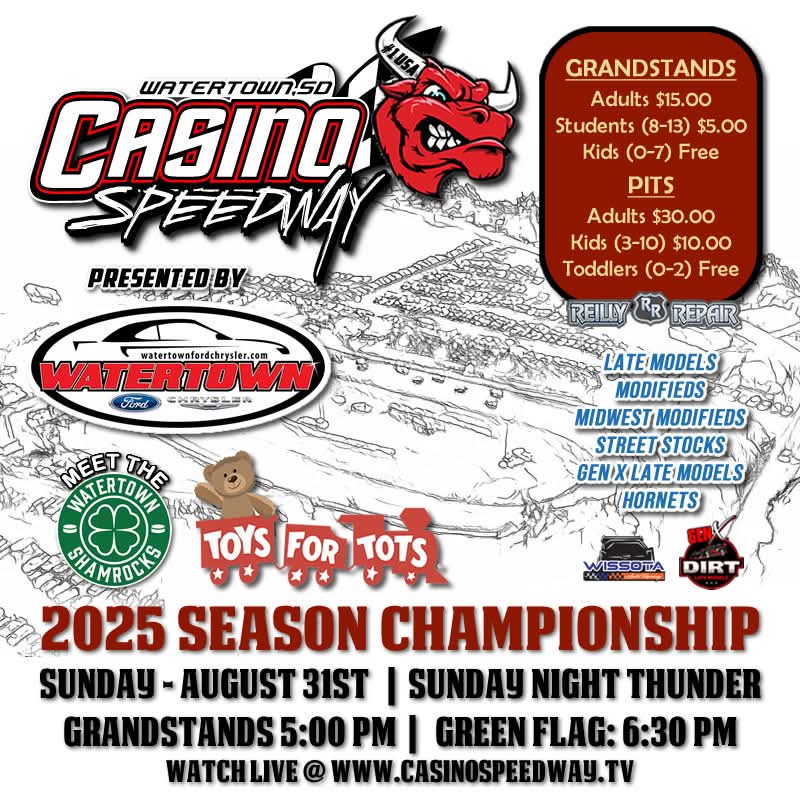 DIRT. SPEED. GLORY. CHAMP WEEK! 🏆
Join Us for the 2025 Casino Speedway Season Championships presented by Watertown Ford Chrysler on Sunday, August 31st. Green Flag 6:30 PM ~ Late Models, Modifieds, Gen X Lates, Midwest Mods, Street Stocks &amp; Hornets #SundayFunday