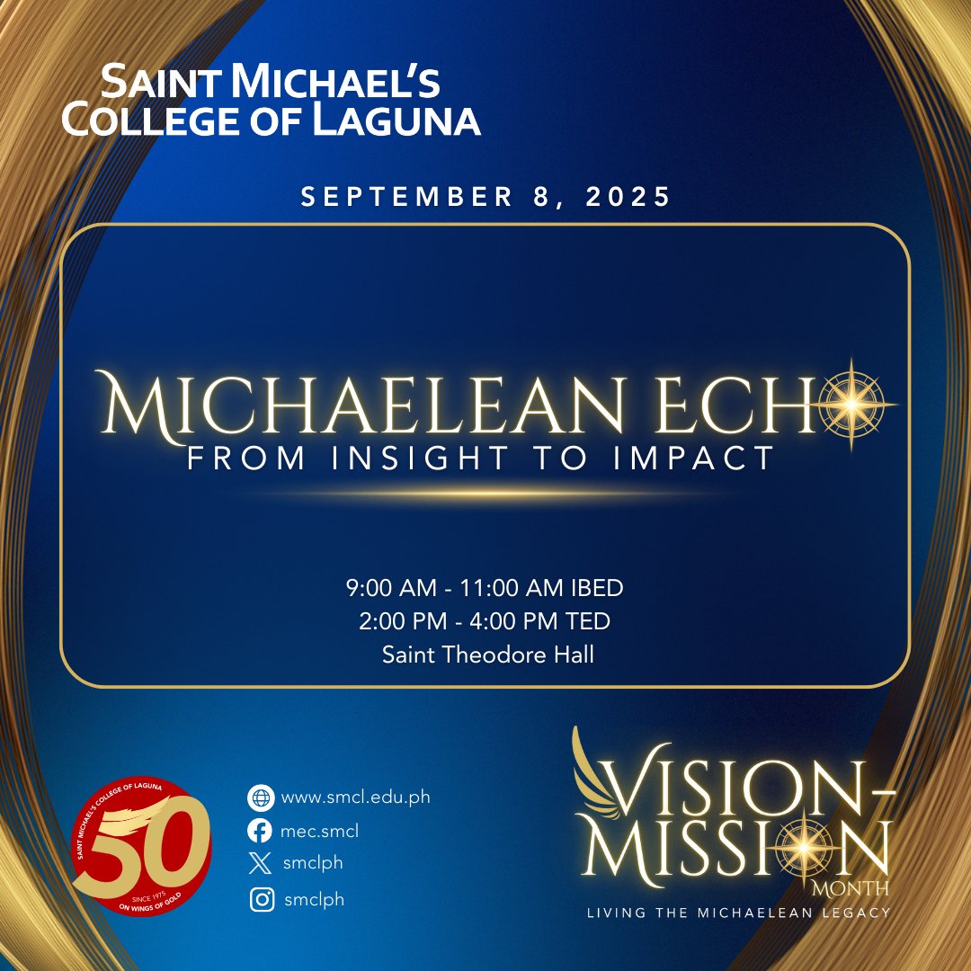 smclph's tweet photo. Vision-Mission Month 2025: Living the Michaelean Legacy

This September, SMCL celebrates our core values—service, excellence, integrity, love for humanity, and intercultural sensitivity through forums, town halls, competitions, and Vision-Mission Day.
Let’s live the legacy. https://t.co/n4Hi6AGlrB