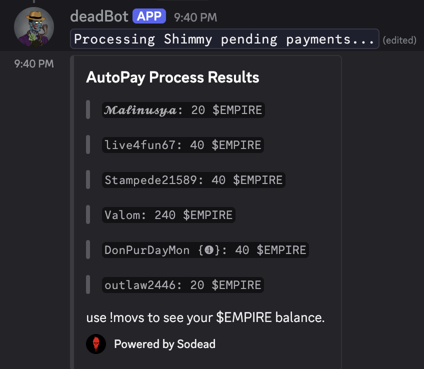 Valom (@valomcratch) on Twitter photo Over at <a href="/Omerta_SOL/">Omerta, the Grand Mafia</a> we have multiple in-Discord games going. One of these games is Boss Battles that runs over a dozen times a day on average. Check out these auto-payouts that happen after each game. I won match in the image below.
Mike just increased the payout on the game and Over at <a href="/Omerta_SOL/">Omerta, the Grand Mafia</a> we have multiple in-Discord games going. One of these games is Boss Battles that runs over a dozen times a day on average. Check out these auto-payouts that happen after each game. I won match in the image below.
Mike just increased the payout on the game and