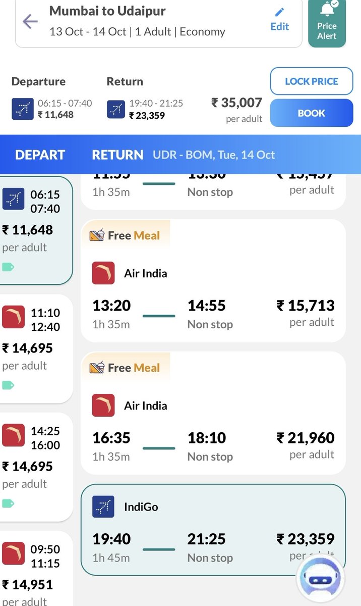 Flight rates in mid #October (not during #Diwali  #UDR -#BOM return is 35k, this is similar on most days. <a href="/AirportUdaipur/">Udaipur Airport</a> needs better connectivity &amp; @DGCA <a href="/airsewa_MoCA/">AirSewa</a> <a href="/MoCA_GoI/">MoCA_GoI</a> <a href="/RamMNK/">Ram Mohan Naidu Kinjarapu</a> <a href="/PMOIndia/">PMO India</a> pls look into the #prices