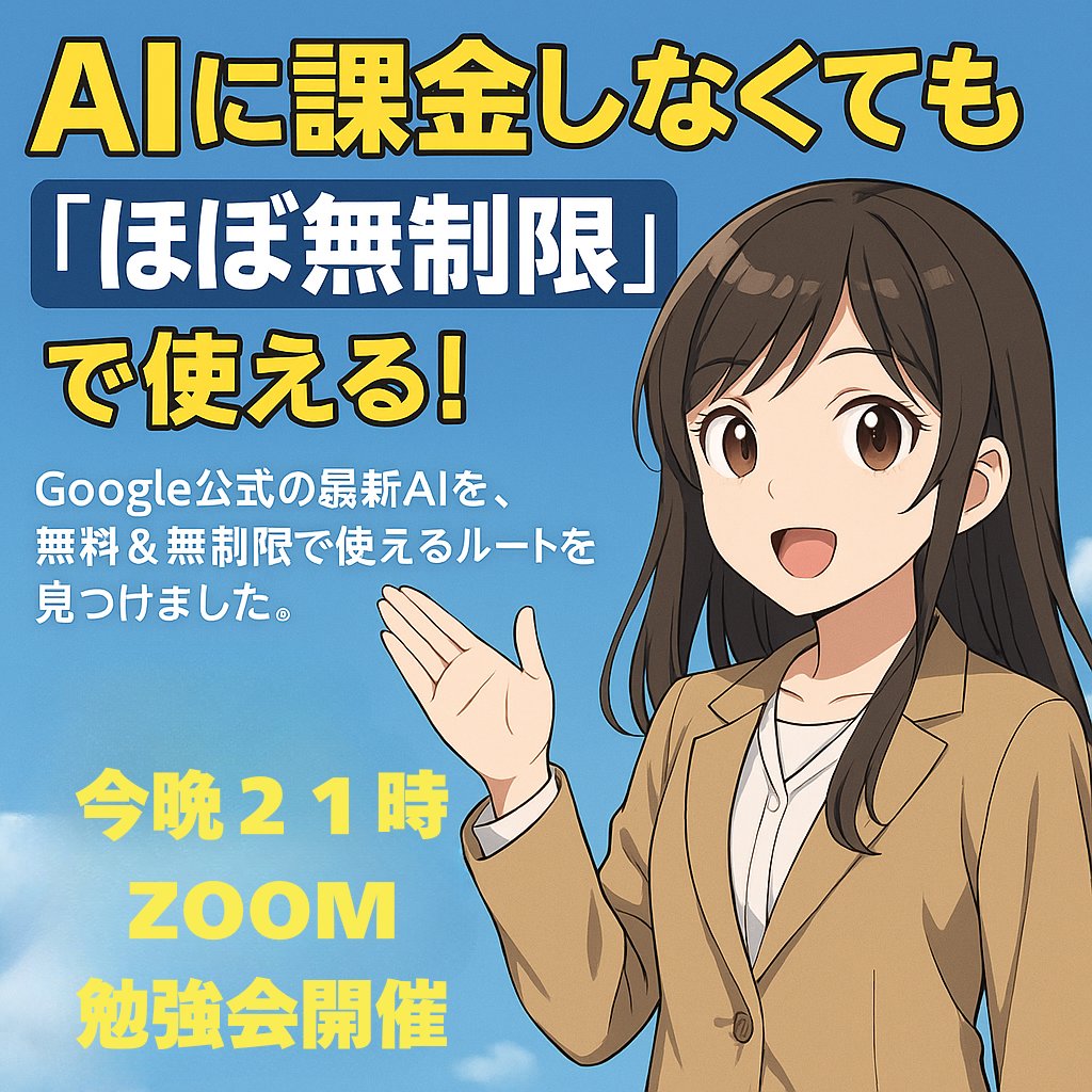 【AI に課金しなくても“ほぼ無制限”で使える！】

Google公式の最新AIを、
無料＆無制限で使えるルートを見つけました。
しかもこれが想像以上に強力で…

✔ GPT-4oより商品紹介文に強い
✔ 自分好みにカスタマイズ自由自在
✔ Xアフィリの投稿文を秒で自動化＆量産
✔ もちろん完全無料