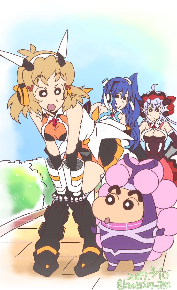 風鳴翼 ,立花響 ,雪音クリス 「クレヨンしんフォギア〜嵐を呼ぶ歌姫〜 #見た事あるアニメ2つをごちゃまぜにする見」|煌輝(ｷﾗｷ)🔧🧡のイラスト
