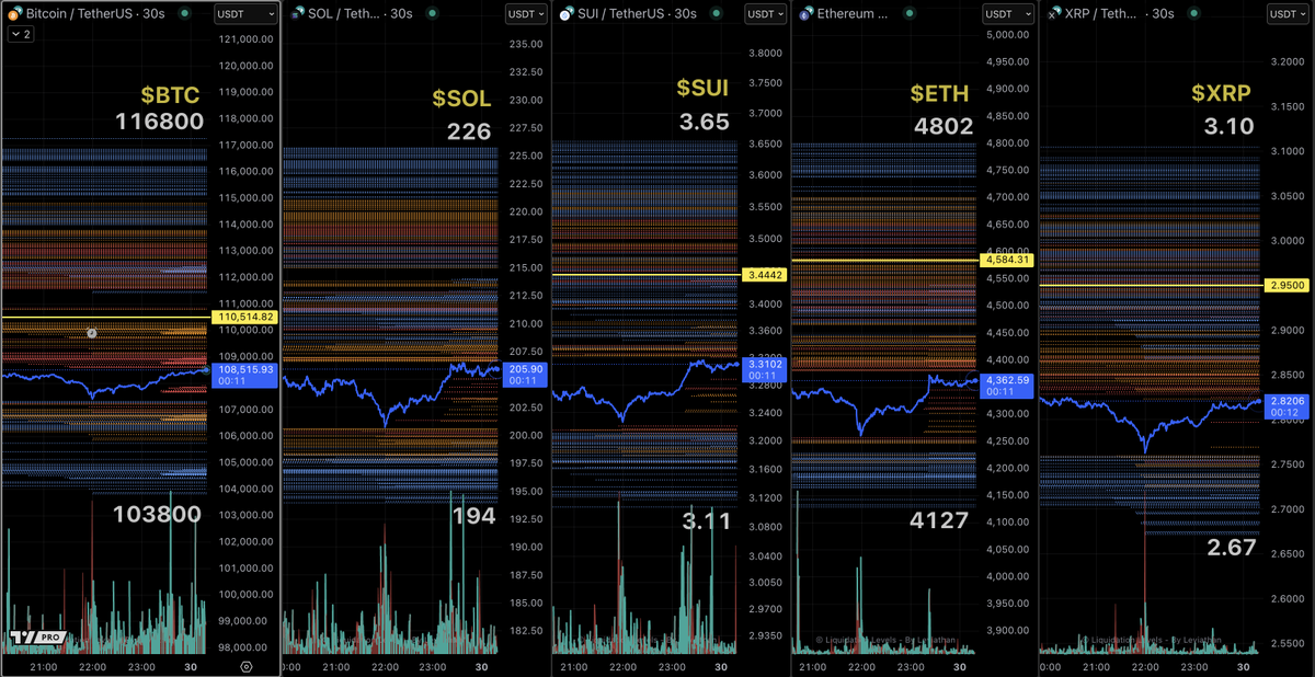 BTC、SOL、SUI、ETH、XRPの清算レベルチャート。価格クラスターと潜在的な一掃ゾーンを表示