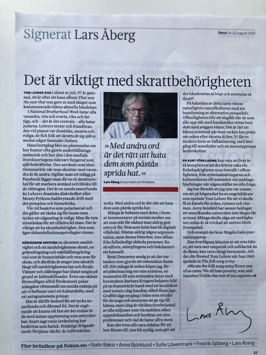 Om humor och hat.
Krönika i Fokus.