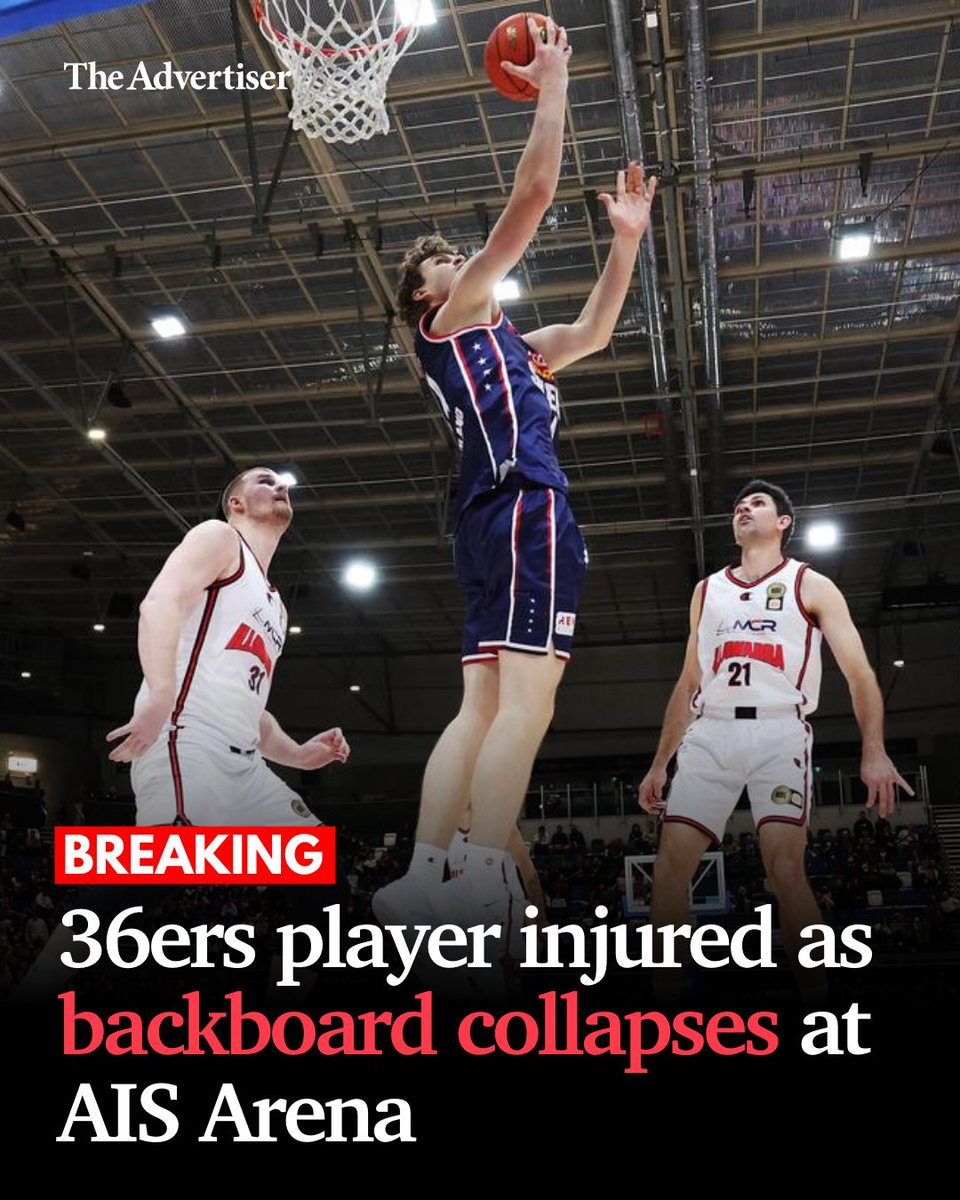 #BREAKING: A basketball backboard has collapsed at AIS Arena in Canberra, where the NBL Blitz is being held, leaving Ben Griscti prone on the court after a teammate’s dunk brought down the apparatus. 📌 READ MORE: bit.ly/47lnb1c