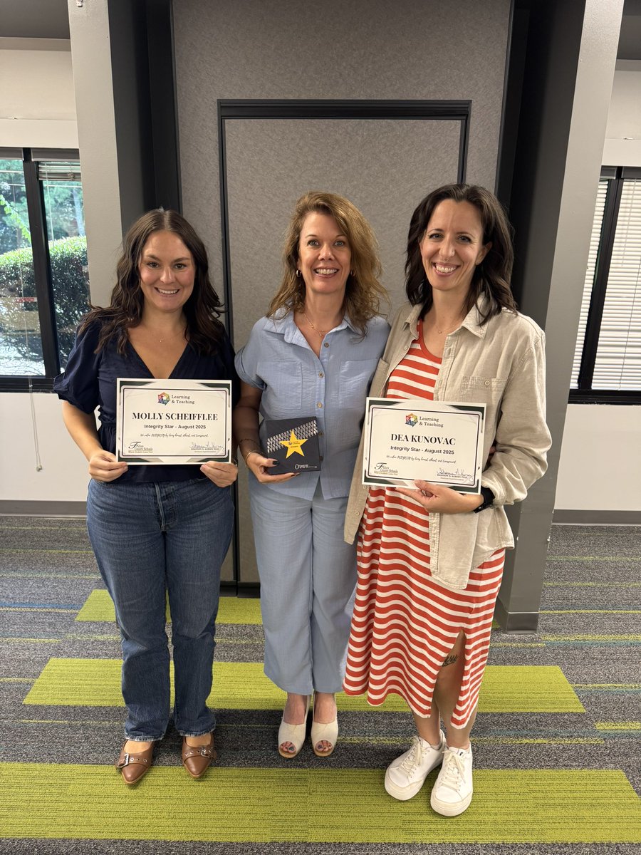 Congratulations to Dea Kunovac, Director of CTAE, and Molly Scheifflee, Coordinator of Advanced Studies, for being honored as the Learning &amp; Teaching department’s August Integrity Stars ⭐️ for all their work to increase FTE for TAG &amp; CTAE!
<a href="/FultonCoSchools/">FultonCountySchools</a> <a href="/EricaFox_EdD/">Erica Fox, Ed.D</a>