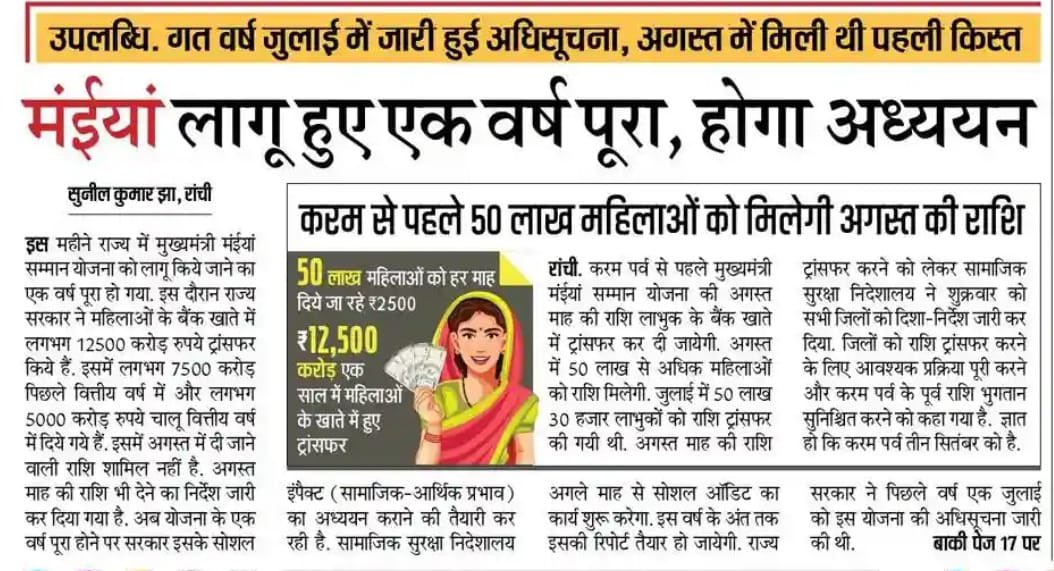 करम से पहले 50 लाख महिलाओं को मिलेगी अगस्त की राशि…