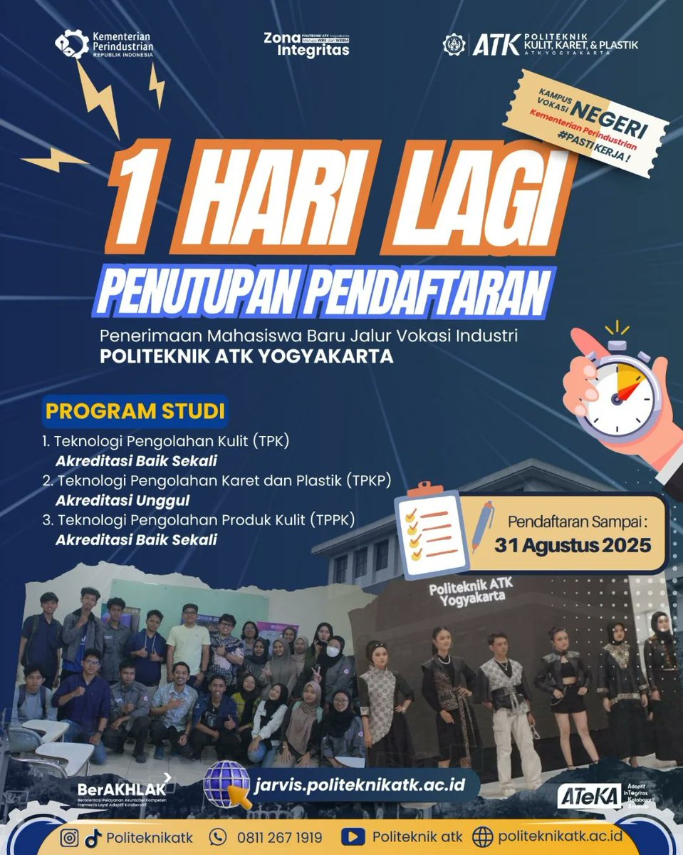 🌟 1 HARI LAGI! 🌟

Jalan-jalan ke Kota Yogyakarta,
Singgah sebentar beli batik.
Besok terakhir waktunya daftar,
Di Politeknik ATK yang asyik! 🎓✨

#kampusunggul
#politeknikunggul
#universitasunggul
#politeknikatk
#atkunggul
#kampus
#universitas
#viral
#industri
#kulit
#karet