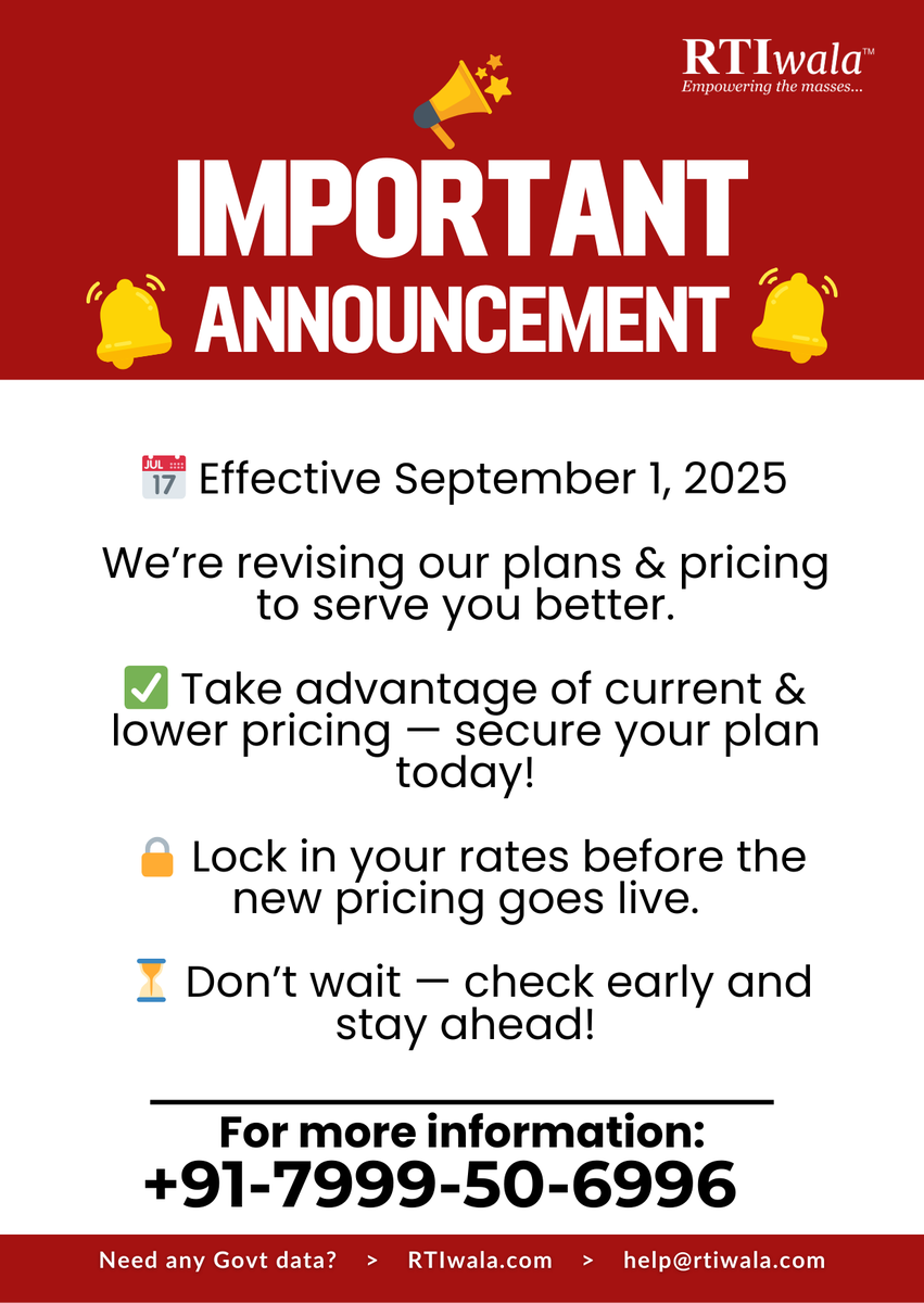 RTIwala's tweet image. 🚨 Important Update – Effective September 1, 2025 🚨

We’re revising our plans and service pricing to continue delivering greater value and transparency.

👉 Take advantage of current &amp;amp; lower pricing before the new rates go live.

#RTIwala #PricingUpdate