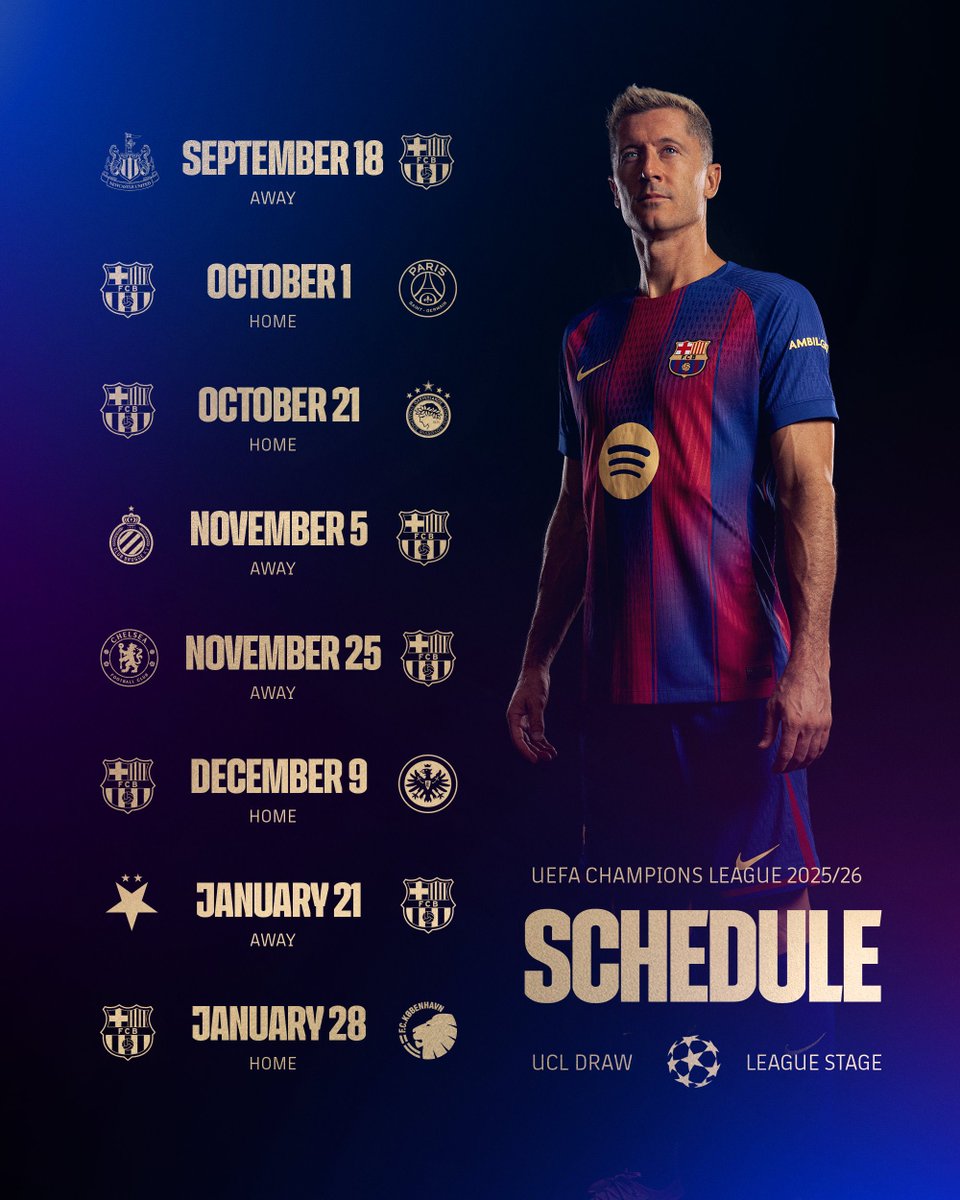 ManagingBarca's tweet image. 🚨🏆 FC BARCELONA’S 2025/26 CHAMPIONS LEAGUE GROUP STAGE SCHEDULE!