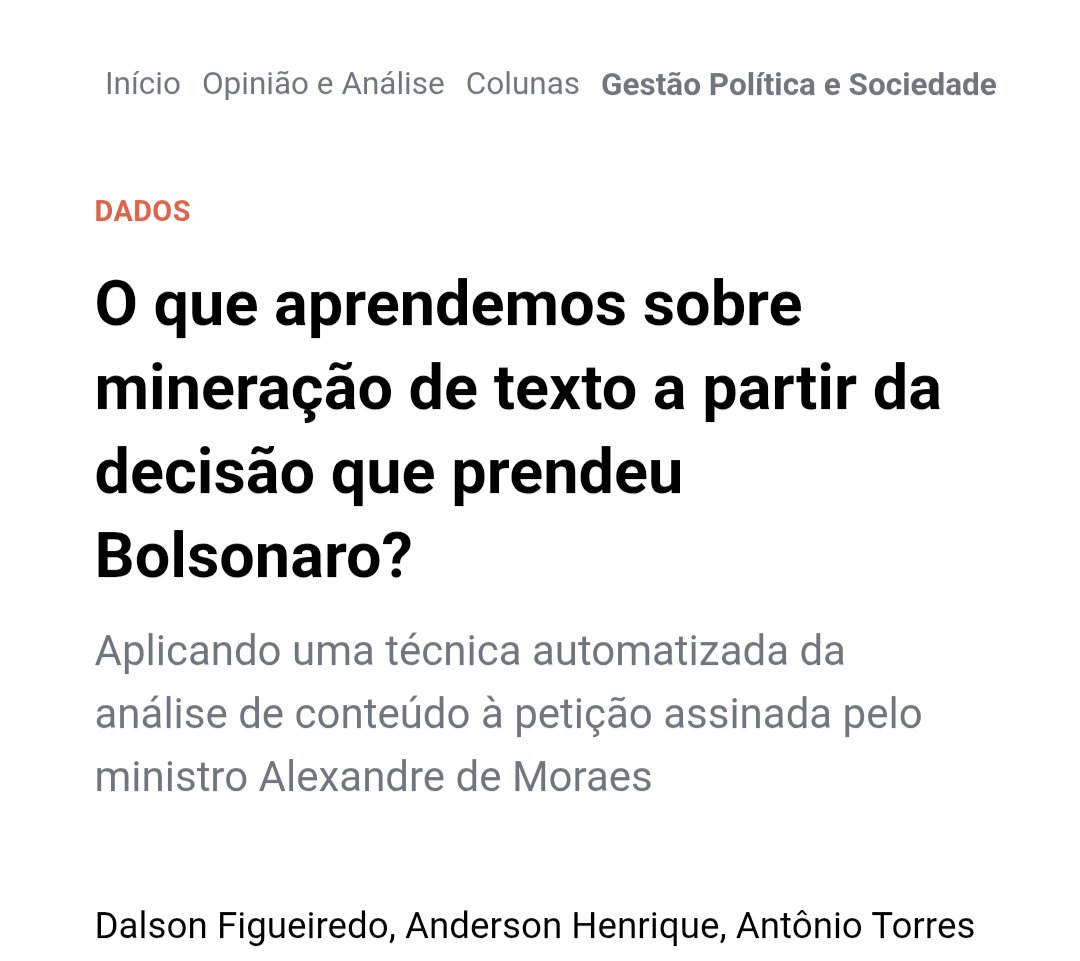 Dalson Figueiredo (@dalsonfigueired) on Twitter photo Este artigo vai te ajudar a entender o básico sobre análise automatizada de texto a partir de um estudo de caso divertido.
Obrigado a <a href="/Rafael_RViegas/">Rafael Viegas</a> pela oportunidade.
jota.info/opiniao-e-anal… Este artigo vai te ajudar a entender o básico sobre análise automatizada de texto a partir de um estudo de caso divertido.
Obrigado a <a href="/Rafael_RViegas/">Rafael Viegas</a> pela oportunidade.
jota.info/opiniao-e-anal…