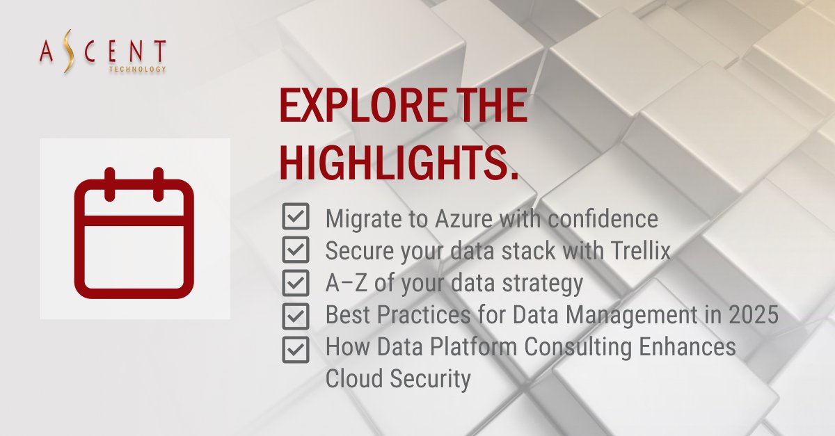 AscentTech's tweet image. From Web Day to data security, here’s what we covered in August:

✅ Migrate to Azure with confidence
✅ Secure your data stack with Trellix
✅ A–Z of your data strategy
✅ Best Practices for Data Management in 2025 
✅ How Data Platform Consulting Enhances Cloud Security…