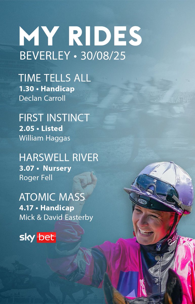 At <a href="/Beverley_Races/">Beverley Racecourse</a> with 4 rides. Good luck to connections 🤞🏻
<a href="/SkyBet/">Sky Bet</a> #fingerscrossed