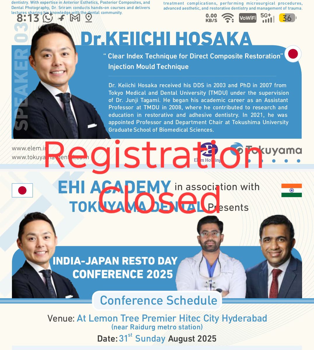 Dear Dr, On behalf of Pres &amp; EC ida Deccan branch we thank all the Members for registering early for the Upcoming CDE program on Sun 31st Aug 2025. Due to Limited participation Registrations are FULL &amp; CLOSED.
Late registration amount will be refunded &amp; regret inconvenience.