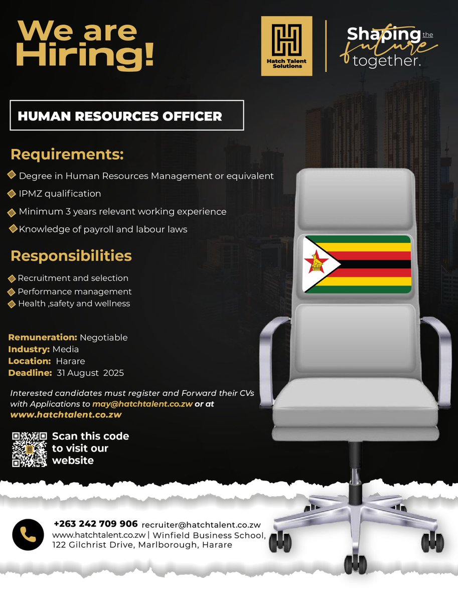 📢 We Are Hiring! 📢

Join our team at Hatch Talent Solutions as a RGN; Human Resources Officer and a Payments &amp; Admin Officer!
We want to hear from you!
Deadline: 31 August 2025 
#263jobs #263chat #JobsZimbabwe #twimbos