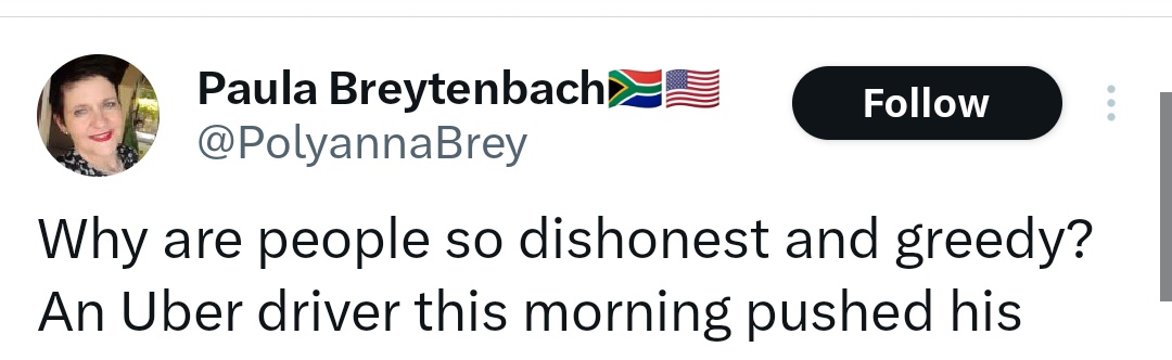 cthulhucachoo (@cthulhucachoo) on Twitter photo Looks like all that praise for the first Afrikaans only e-hailing service was all performative virtue signalling from <a href="/PolyannaBrey/">Paula Breytenbach🇿🇦🇺🇸</a>. Perhaps if she had used that service she wouldn't have been subjected to an imaginary race hustle in the first place. Looks like all that praise for the first Afrikaans only e-hailing service was all performative virtue signalling from <a href="/PolyannaBrey/">Paula Breytenbach🇿🇦🇺🇸</a>. Perhaps if she had used that service she wouldn't have been subjected to an imaginary race hustle in the first place.