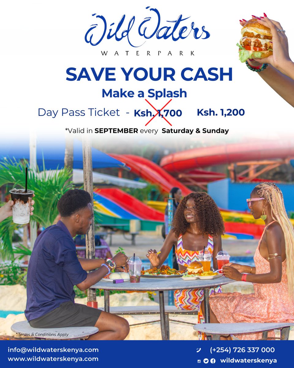 WildWatersKE's tweet photo. 🥰SAVETEMBER🥰
Save more, splash more —  enjoy a Day Pass at only Ksh 1,200 (was Ksh 1,700).👯‍♂️
Valid every Saturday & Sunday this September — bring your crew and dive into endless fun, food, and laughter! 🍔🍹

📍 Wild Waters Waterpark, Links Road Mombasa
☎️ 0726 337 000

#WildWaters #mombasakenya #kenya #aquapark