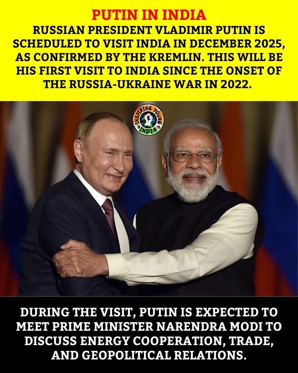 LakhirajDutta's tweet image. Putin to visit India in Dec 2025, first since Russia-Ukraine war, to boost trade &amp;amp; energy ties 🇷🇺🇮🇳 #PutinInIndia #IndiaRussia #Geopolitics #TradeAndEnergy