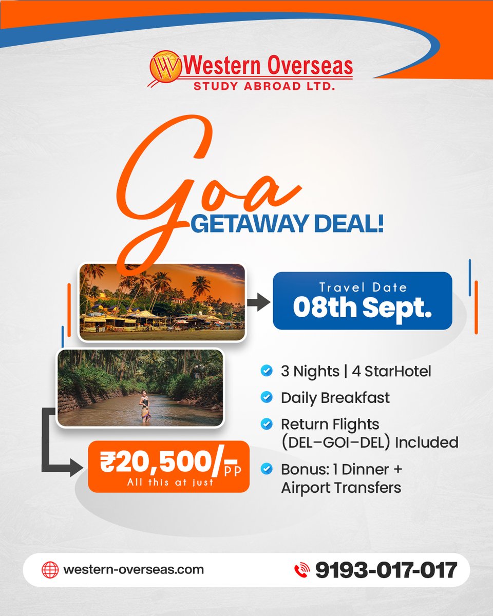 westernoverseaa's tweet image. 🌴✨ Dreaming of beaches &amp;amp; sunsets? Your Goa Trip for just ₹20,500/pp is here! 🏖️
✔️ 3 Nights in 4⭐ Hotel
✈️ Flights + 🍳 Breakfast + 🍽️ Dinner &amp;amp; 🚖 Transfers
📅 Fly this Sept 8th!

📲 Book Now: 9193017017

#goa #goatrip #westernoverseas #goadeal #BeachVibes