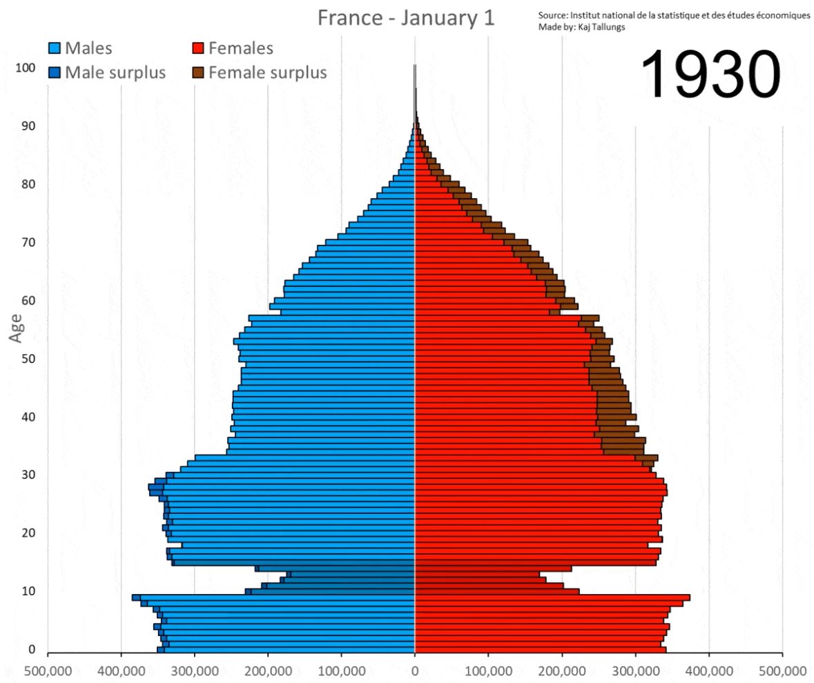 1930年のフランスの人口ピラミッド マジノ線作りたくなる理由もわかる気がする