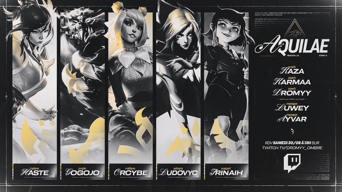 Voici le roster AQUILAE pour l'étape 4 du Nexus Tour :   ⚔️Top : <a href="/hastethefastest/">Haste</a>
🐻‍❄️Jungle : Gogojo
🤖Mid : Orcybe
🏹ADC : <a href="/LChouvin/">ludovyc</a>   
🛡️Support : Irinaih

 Ils sont prêts pour en découdre ! LET'S GO AQUILAE !
#Aquilae #LeTour 🦅