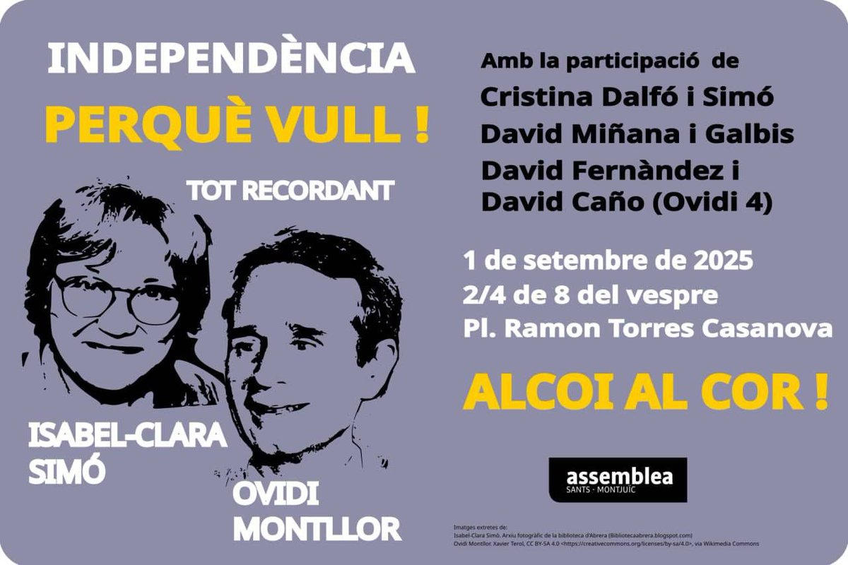 Ara que s'acaba la Festa Major de #Sants, volem recordar 2 alcoians il·lustres: Ovidi Montllor i Isabel-Clara Simó. 

Us esperem a la pl Ramon Torres Casanova demà dilluns a les 19.30 h, amb <a href="/davidalcoia/">David Miñana i Galbis</a>, Cristina Dalfó, <a href="/davidcc_01/">david caño</a> i <a href="/HiginiaRoig/">David Fernàndez 💚✊🏿</a>. 

smxi.cat/perque-vull/