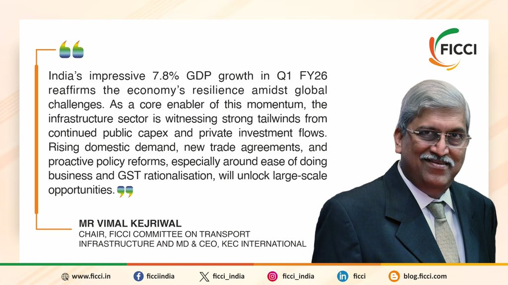 ficci_india's tweet image. India’s impressive 7.8% GDP growth in Q1 FY26 reaffirms the economy’s resilience amidst global challenges. As a core enabler of this momentum, the infrastructure sector is witnessing strong tailwinds from continued public capex and private investment flows. Rising domestic…