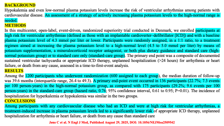 drraviele's tweet image. POTCAST RCT
📌  In 👫 with #ICD, a strategy to ⬆️ plasma #potassium levels to the high-normal range by means of  potassium 💊supplementation or mineralocorticoid receptor antagonist 💊 administration
👉 ⬇️ risk of #VentricularArrhythmias
#EPeeps #CardioTwitter #MedTwitter #SCD