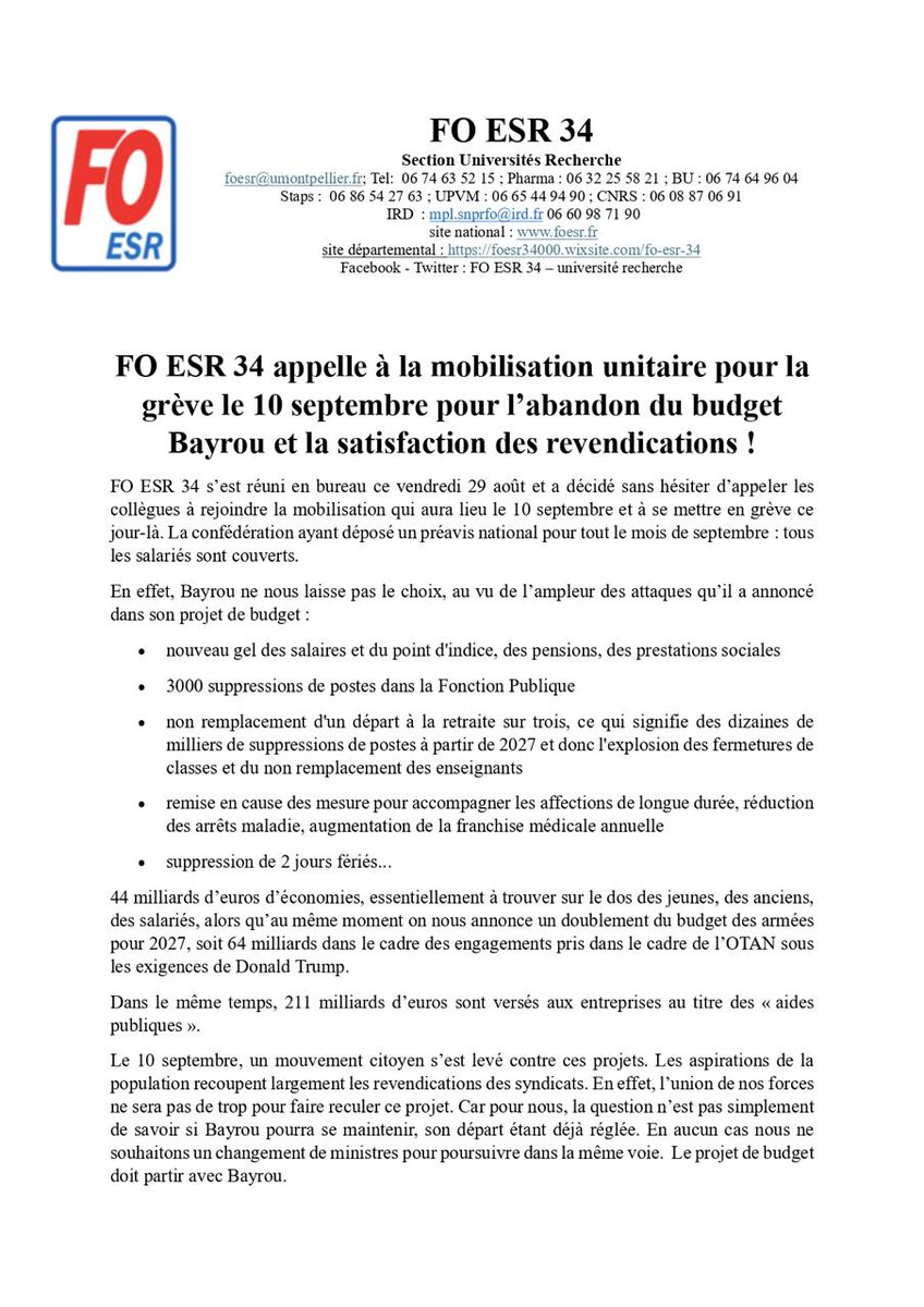 FOESR34's tweet photo. Communiqué FOESR 34 #greve10septembre ! Abandon du budget #Bayrou ! Satisfaction des revendications ! https://t.co/VnyXuoEvii