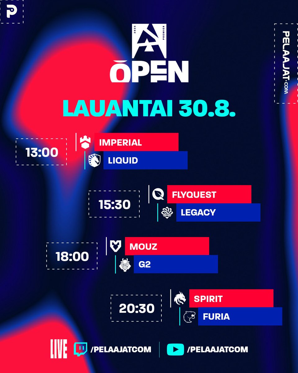 🤩Lauantain herkkuja — sAw:n G2 ja MOUZ kohtaavat klo 18🇫🇮 

⏰13:00
📺 twitch.tv/pelaajatcom &amp; Pelcom-tube
🎤 <a href="/Oonraimo/">Aleksi Takkinen</a> &amp; <a href="/SamppaCS2/">Samu Kylmälä</a> 

#esportsfi #counterstrike #BLASTPremier