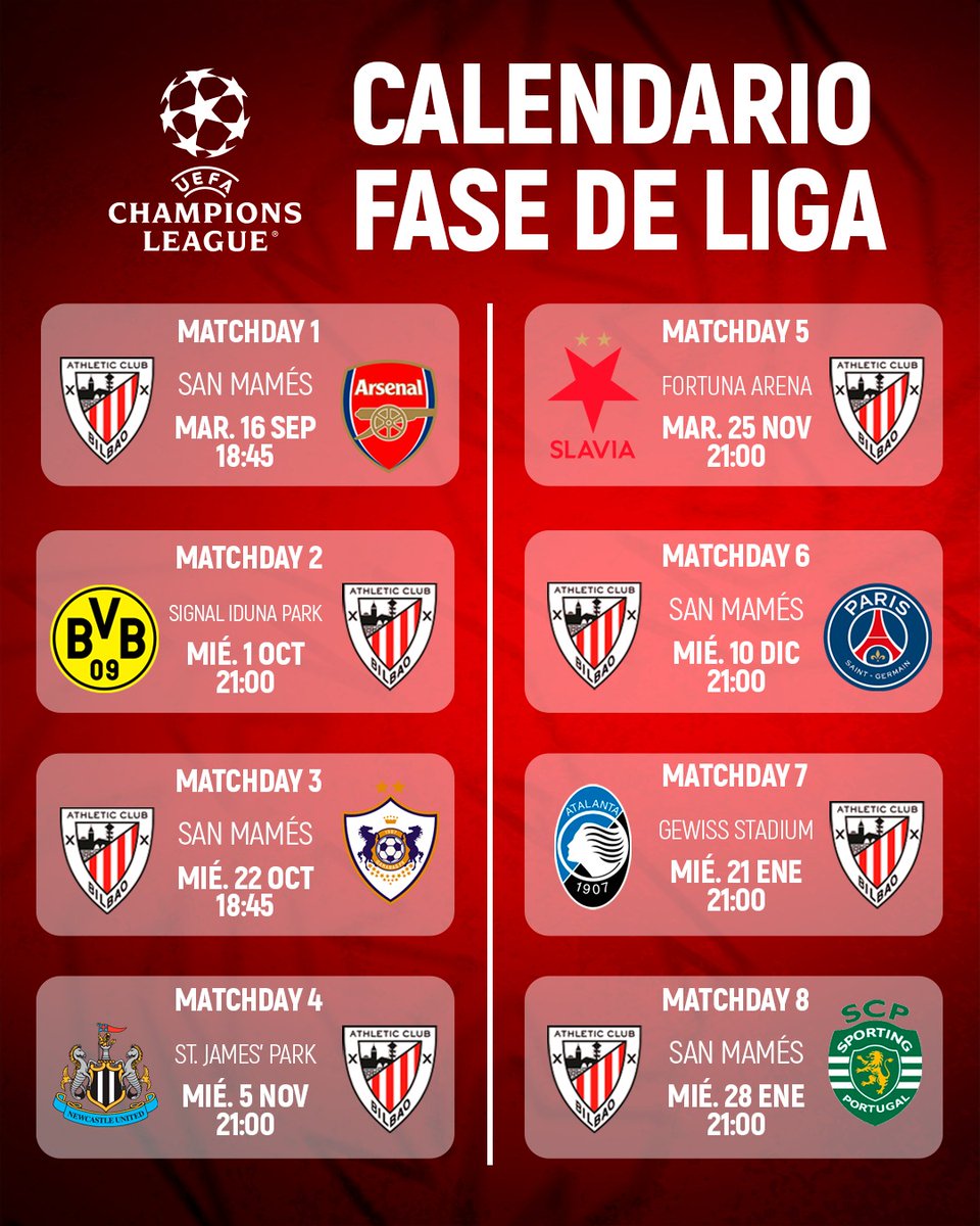 Athletic Club (@athleticclub) on Twitter photo 😍 ¡Ya tenemos nuestro calendario <a href="/ChampionsLeague/">UEFA Champions League</a>!
✨ Athleticzales, apuntad bien todos los partidos porque vuelven las noches de estrellas.
#AthleticClub #UniqueInTheWorld 🦁 😍 ¡Ya tenemos nuestro calendario <a href="/ChampionsLeague/">UEFA Champions League</a>!
✨ Athleticzales, apuntad bien todos los partidos porque vuelven las noches de estrellas.
#AthleticClub #UniqueInTheWorld 🦁