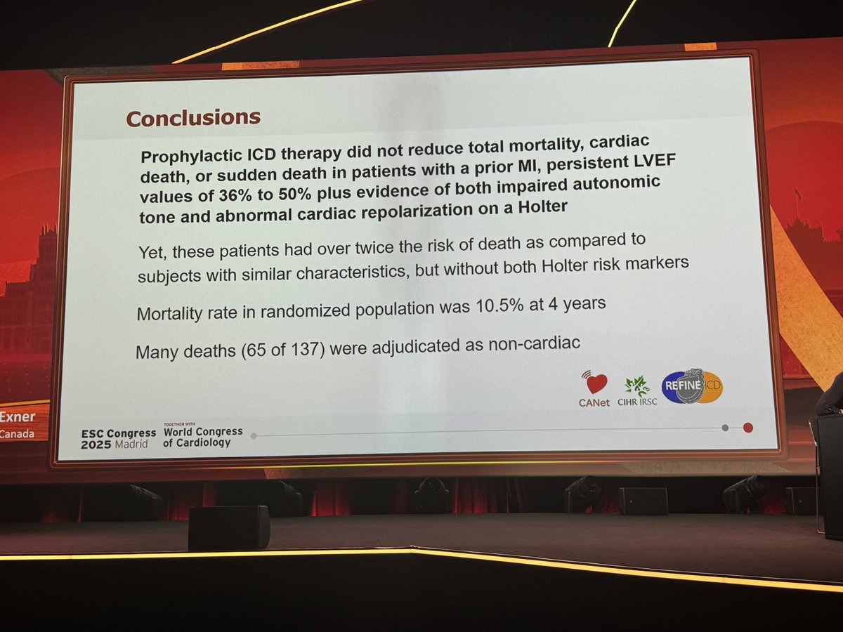 REFINE ICD trial

Very important study, answering very critical question

⬇️⬇️⬇️

Prophylactic ICD didn’t reduce mortality or SCD post MI in patients with persistent LVEF 36-50% and abnormal autonomic tone/ cardiac reploarisation on holter

#ESCCongress
#EPeeps