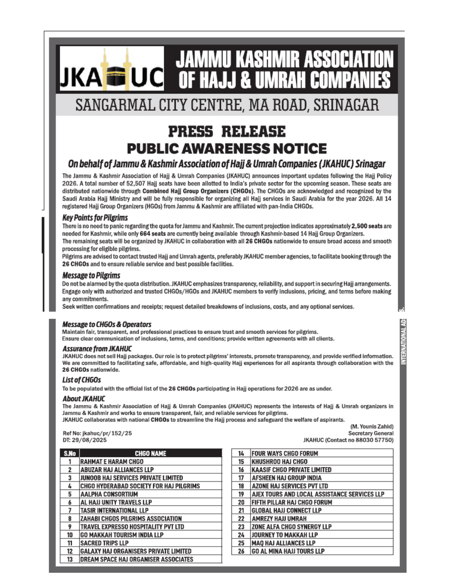 almamlakahgroup's tweet photo. Jammu &amp; Kashmir Association of Haj &amp; Umrah Companies (JKAHUC) Public Circular – Private Haj 2026 Bookings
JKAHUC is pleased to inform all intending pilgrims that Private Haj booking for the year 2026 will be facilitated only by our officially registered members .
#JKAHUC #Haj2026 https://t.co/KPAF81COR3