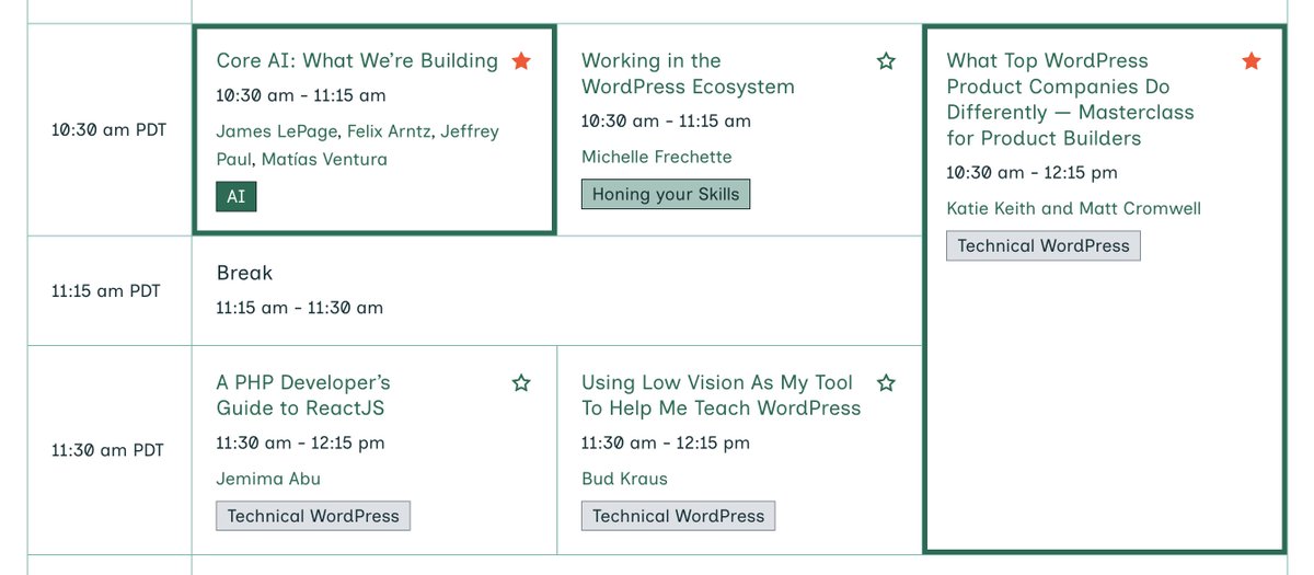 Appreciate the subtle "favorite" feature in the #WCUS site schedule page, I can note which talks I want to watch online.

Perhaps in a future iteration, this will bring me to the recorded session.