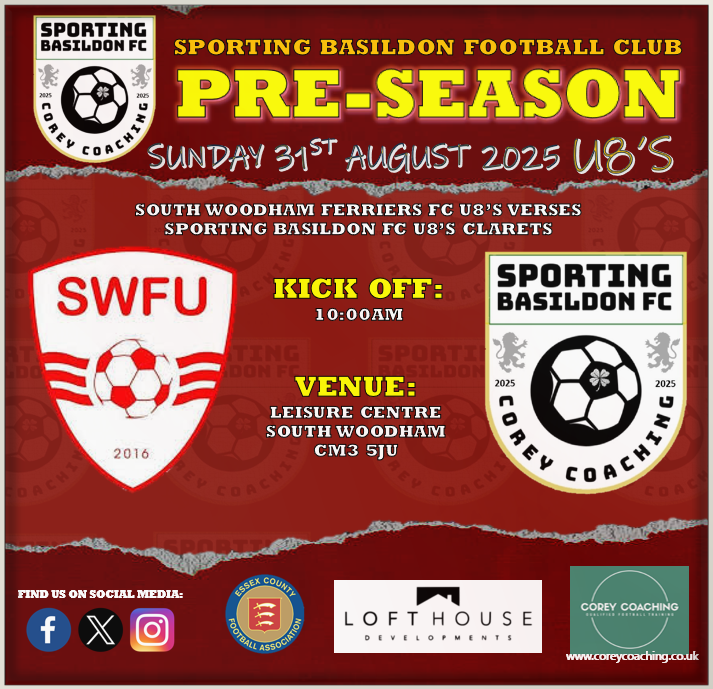 S_Basildon_FC's tweet photo. β½οΈ Weekend Matches β½οΈ
Good Luck to all the @S_Basildon_FC team's playing this weekend. π
All support welcome.
β½οΈπ₯π©
#SBFC #sportingbasildonfc #football #matches @Corey_Coaching https://t.co/Gf0t01N6xV
