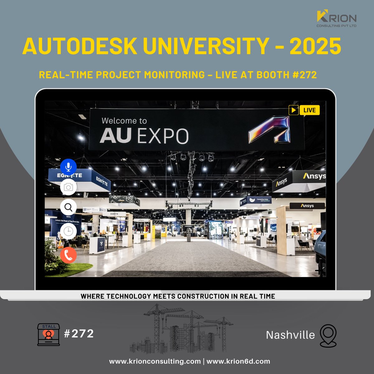 KrionConsulting's tweet photo. ⏱ Projects don’t wait — neither should your data.
👉 Experience Real-Time Project Monitoring with #Krion6D at #AU2025 Nashville.
📍 Booth #272
#DigitalConstruction #ConstructionTech #Nashville https://t.co/n60BRL939Y