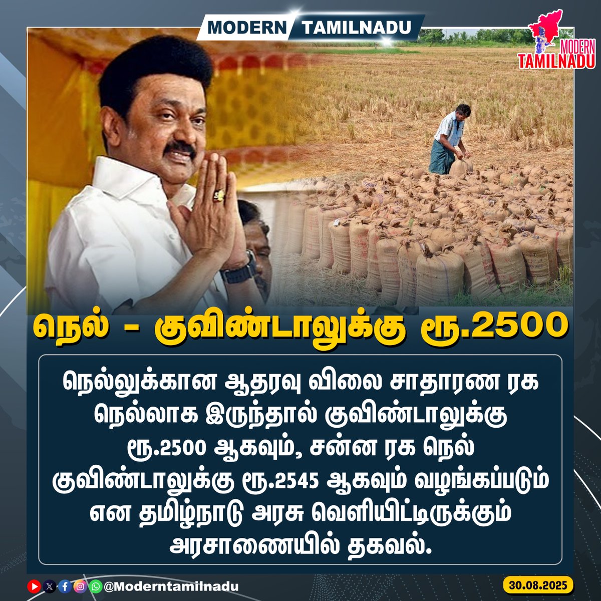 ModernTamilnadu's tweet image. நெல் – குவிண்டாலுக்கு ரூ.2,500!

#MKStalin #Paddy
