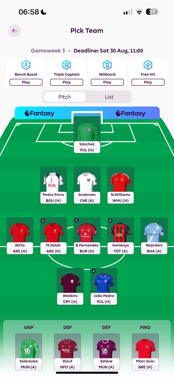 GW3
2FT - Palmer ➡️ Semenyo
Fullkrug ➡️ Joao Pedro

I went last night so saved 0.2 on the price moves. 

Really not sure on captaining Bruno so might still change

My OR is £7M 😱

Surely I’ll get a green arrow soon 🍀