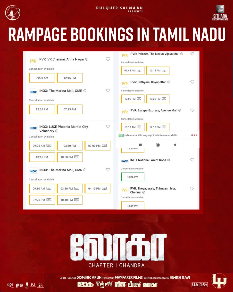 George πΏπ₯ (@georgeviews) on Twitter photo Fantastic bookings for #Lokah in Tamil Nadu. Sold out shows all over. π₯
A superb opening on cards in the state. <a href="/agscinemas/">AGS Cinemas</a>' smart release decision is paying off big time π Fantastic bookings for #Lokah in Tamil Nadu. Sold out shows all over. π₯
A superb opening on cards in the state. <a href="/agscinemas/">AGS Cinemas</a>' smart release decision is paying off big time π