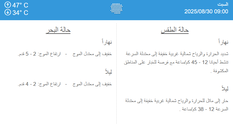 "الأرصاد" تتوقع طقساً شديد الحرارة اليوم مع نشاط رياح شمالية غربية

- درجات حرارة تصل إلى 47 مئوية.. والرياح شمالية غربية معتدلة السرعة 

- فرصة للغبار وحالة البحر خفيفة إلى معتدلة الموج

- ليلاً: طقس حار إلى مائل للحرارة ورياح شمالية غربية خفيفة إلى معتدلة السرعة