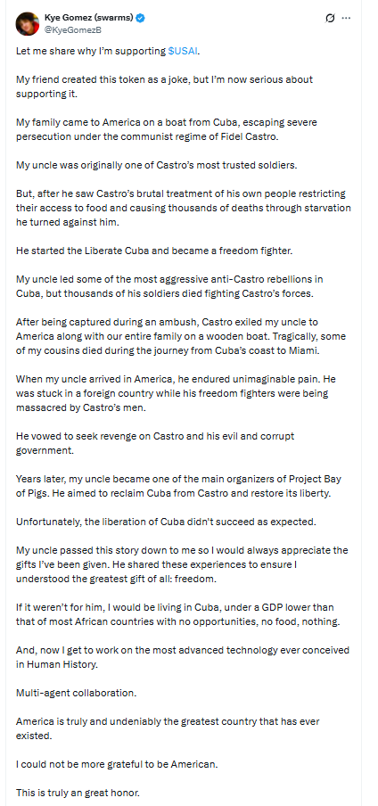 What is #USAI ? Why it was Trending ?
Mcap : 1.6M 
Ca : FMpA3eQbHFEPkkb9EYkLAddfs8TXZfz1Xq6Kqkowdaos

$USAI is a token launched on Daos.fun and supported by both the <a href="/daosdotfun/">daos.fun</a>  team and <a href="/KyeGomezB/">Kye Gomez (swarms)</a>  , founder of Swarms.ai  ( $SNAI ) project.

The