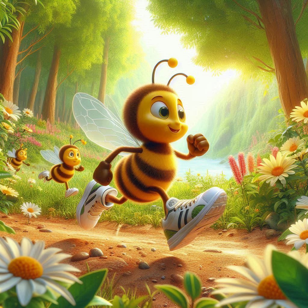 Animated bees running in a forest path wearing sneakers, symbolizing fitness and move-to-earn on Solana