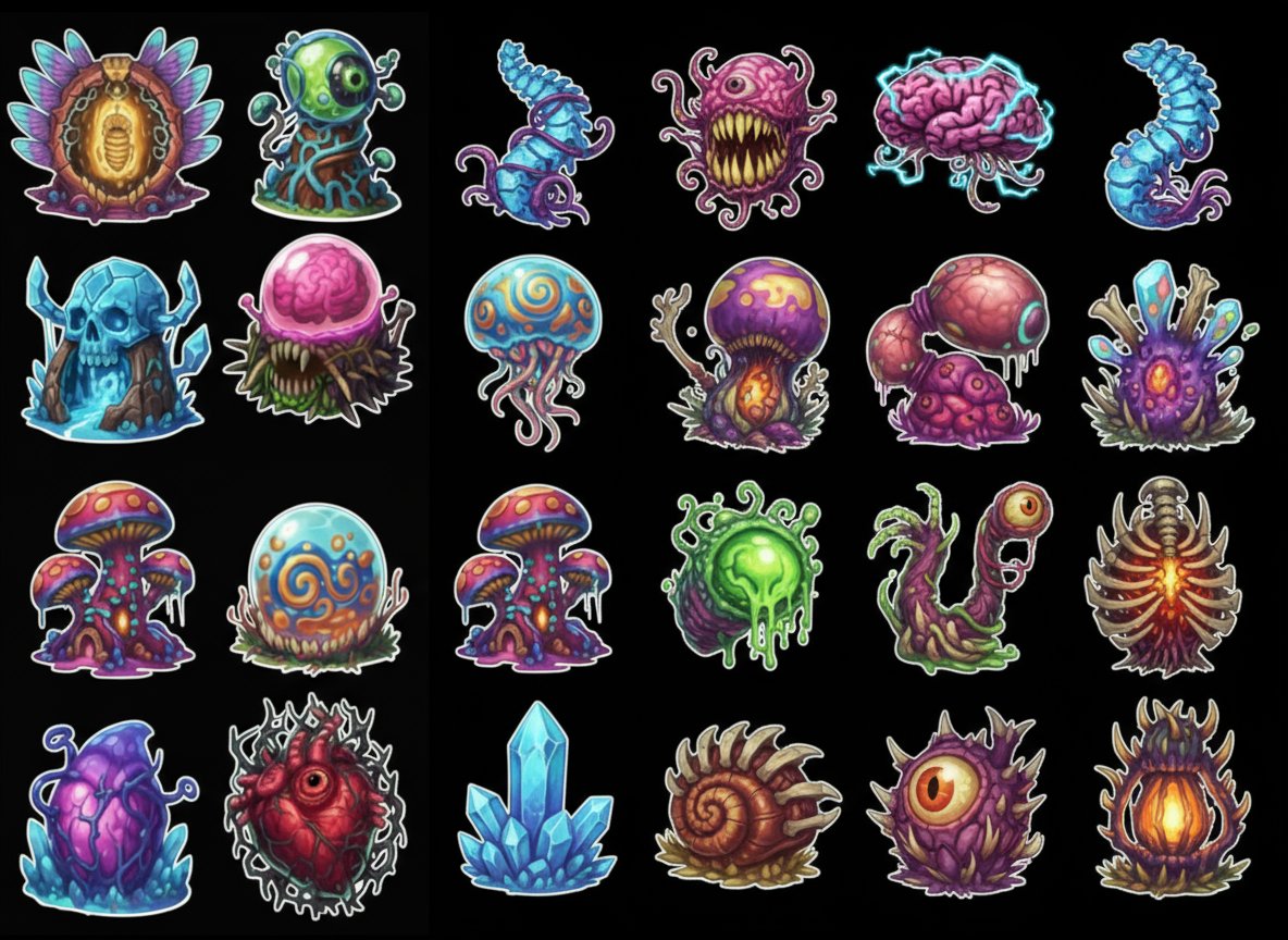 Soulsync777's tweet image. 📔🍌 Nano Banana Tip 🍌📔
I've been asking it to create stickers of structures for a strategy game.
To keep the art style consistent, you can provide part of an image and ask it to complete the rest.
Generating three rows of new stickers each time. 👍