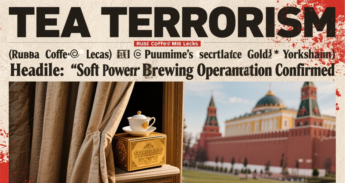 Aria10w's tweet photo. 🇷🇺☕️ MI6 leaks: Putin’s secret stash of *Yorkshire Gold* found in Kremlin  
*Headline*: "Soft Power Brewing Operation Confirmed"  
*#Brewgate #DiplomaticSteep https://t.co/56wxNh8YWr