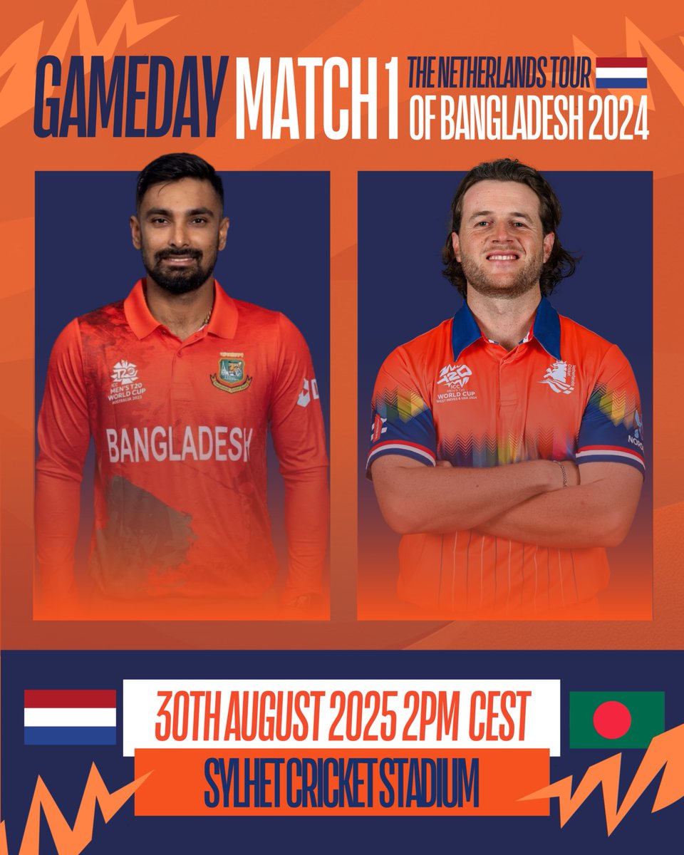 Match Day in Bangladesh! 🇧🇩🇳🇱

The Dutch kick off their T20I series away from home against a strong Bangladesh side. A massive challenge awaits in Sylhet and it's time to bring the fight 💪

📍 Sylhet International Cricket Stadium
🗓️ Saturday 30 August 2025
⏰ 2:00 PM CEST | 6:00