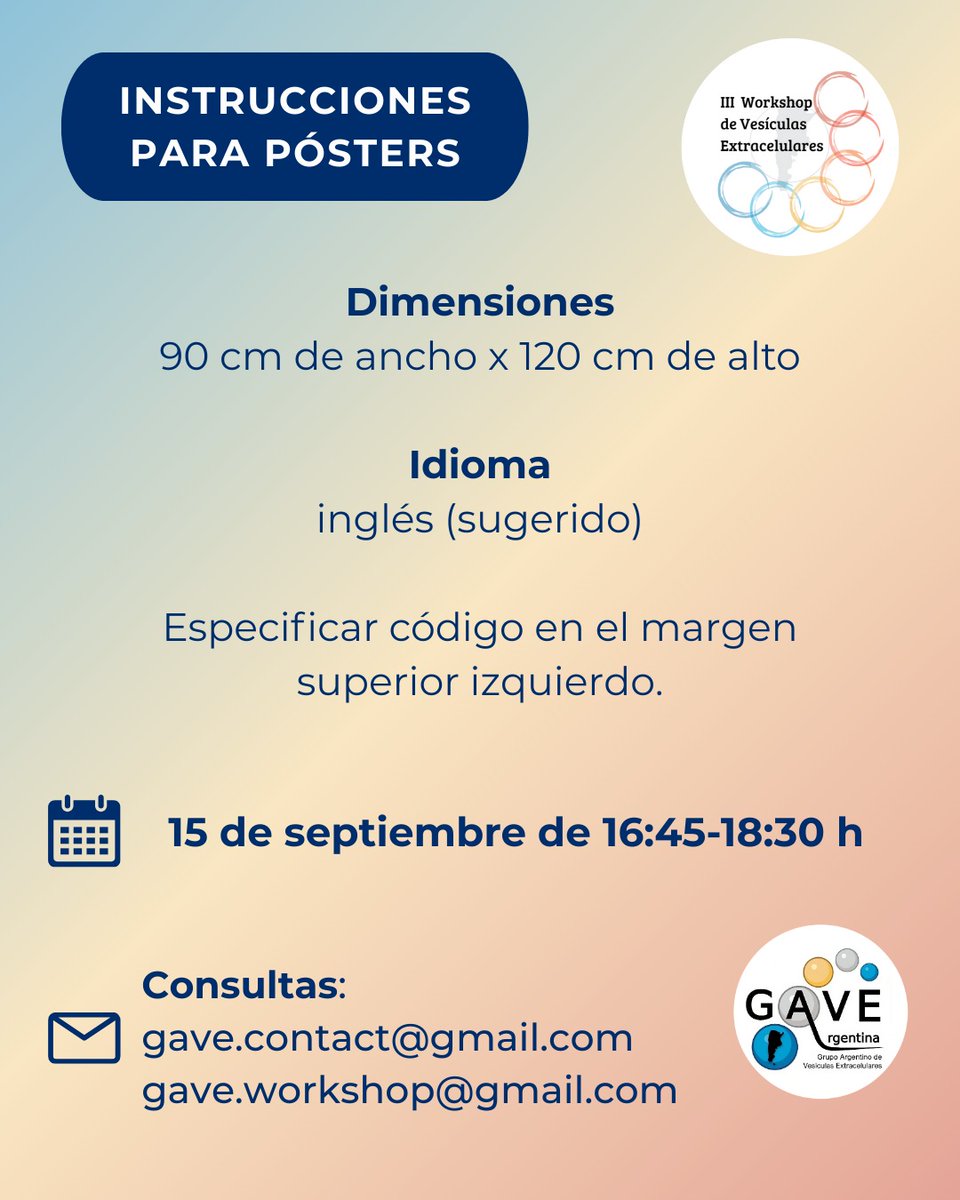 gave_arg's tweet image. 🔹III Workshop Anual GAVE🔹
📜Si vas a presentar tu trabajo en formato póster, recordá las especificaciones para prepararlo!
Los esperamos!
🗓️15 y 16 de septiembre 2025
📍Cero + Infinito, FCEyN (UBA)
🌎Buenos Aires, Argentina
#VEs #vesiculasextracelulares #congreso #argentina