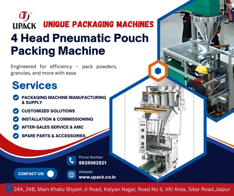 packersunique1's tweet image. The 4 Head Pneumatic Pouch Packing Machine is a high-performance solution for industries requiring fast and accurate packaging.
#PouchPackingMachine #4HeadPouchPacking #PneumaticPackingMachine #UniquePackagingMachines #UPACK #PackagingSolutions #SpicePacking
