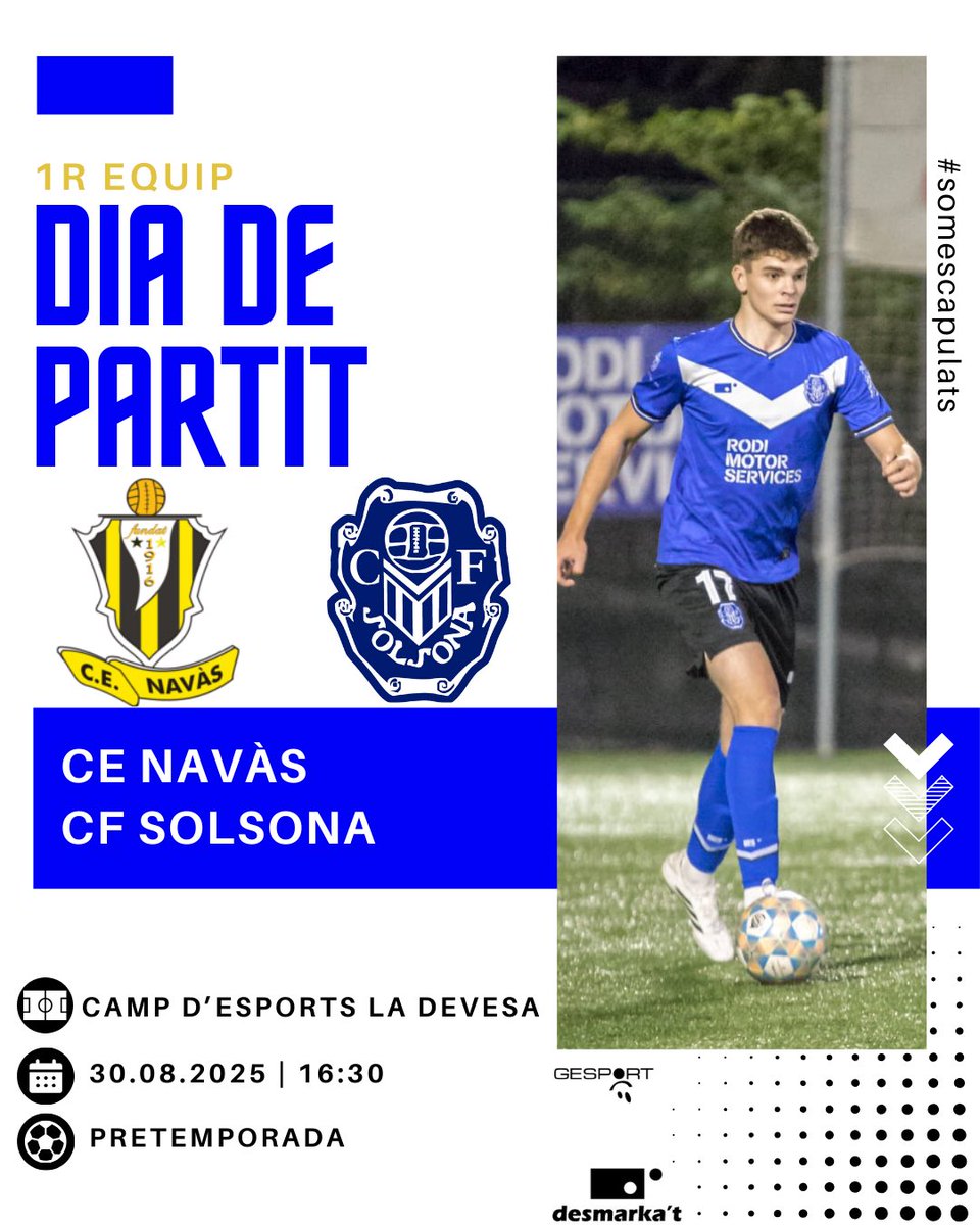 🔵 1r Equip 🔵
Avui ens desplacem fins a Navàs per a continuar sumant minuts a la gespa contra el <a href="/cenavasoficial/">CE Navàs</a> ⚽️
#somescapulats #1requip