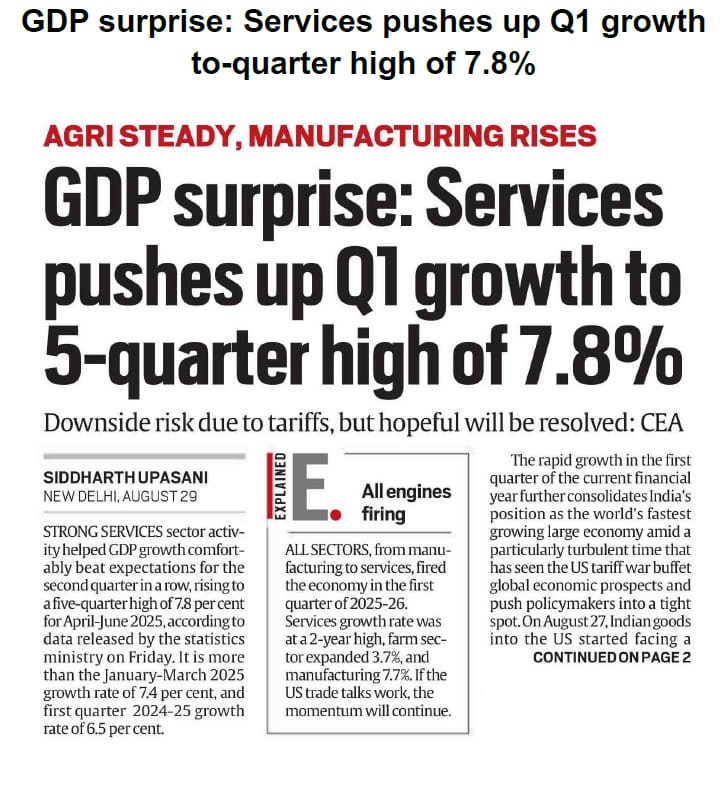 PiyushGoyal's tweet image. This is the strength &amp;amp; resilience of the Indian economy 🇮🇳📈

The services sector has been the key driver of GDP growth, beating expectations for the second consecutive quarter, rising to a five-quarter high of 7.8% in April-June 2025.

This is higher than the 7.4% growth in…